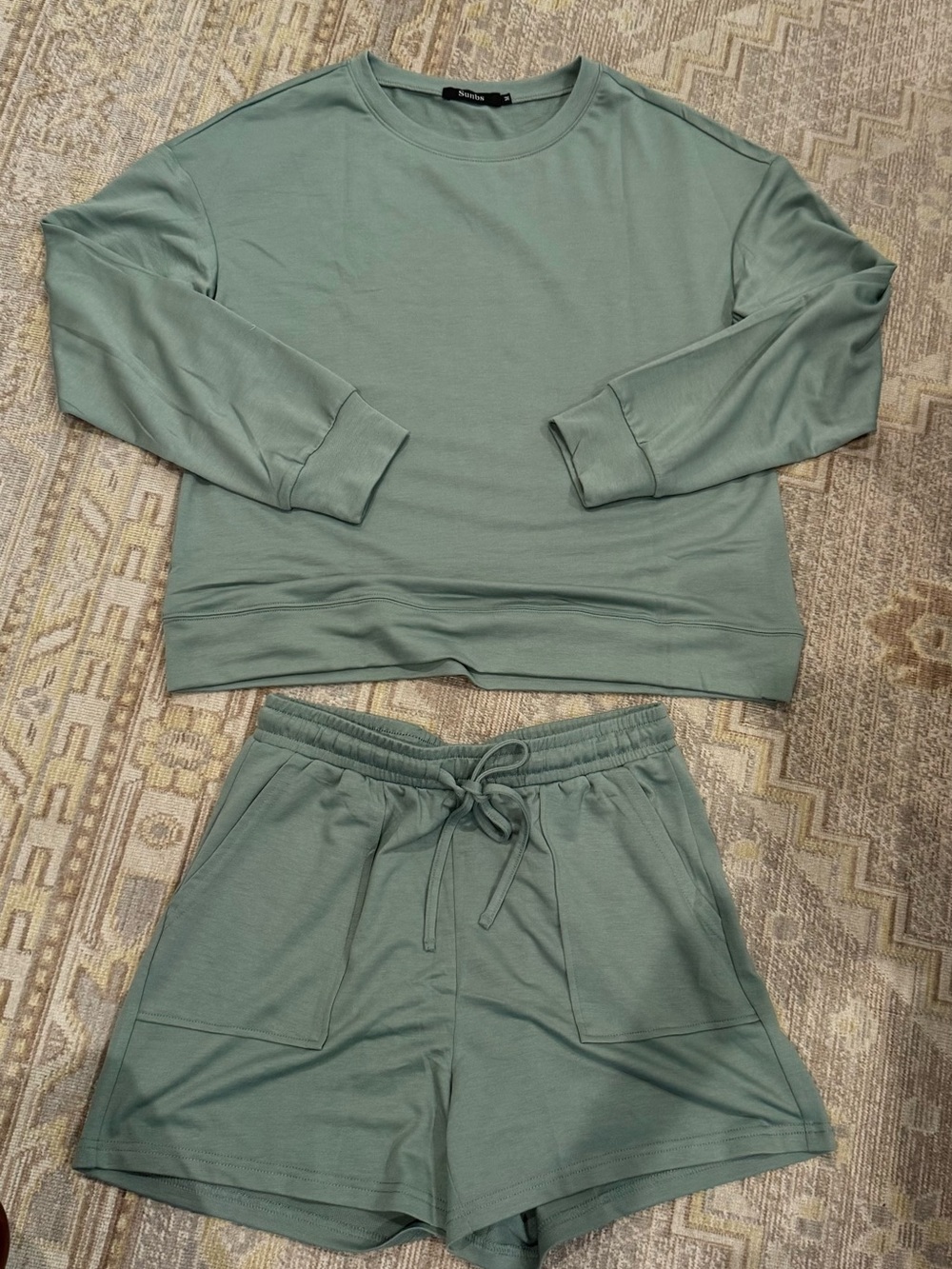 Sage Green Long Sleeve Women’s Relaxed Tee With Matching Shorts - Brand - Picture 2 of 9
